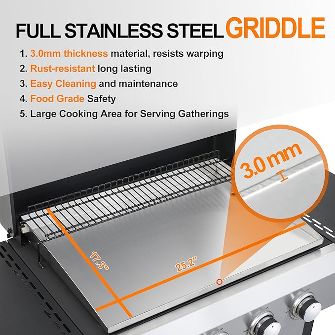 4-Burner Flat Top Propane Gas Grill Stainless Steel Griddle Combo with Foldable Side Table 49200 BTU Outdoor BBQ Grill Porcelain-Enameled Cast Iron Grids for Backyard Patio Cooking