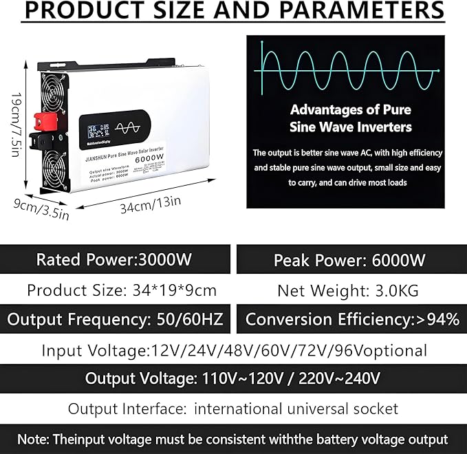 6000W Solar Hybrid Inverter 12V/24V/48V/60V/72V/96V DC to 110V/220V Pure Sine Wave Power Inverter With 2 AC Outlets LCD Display For Lead Acid/Lithium Batteries for Off-Gird/Home/Shed96V-220V