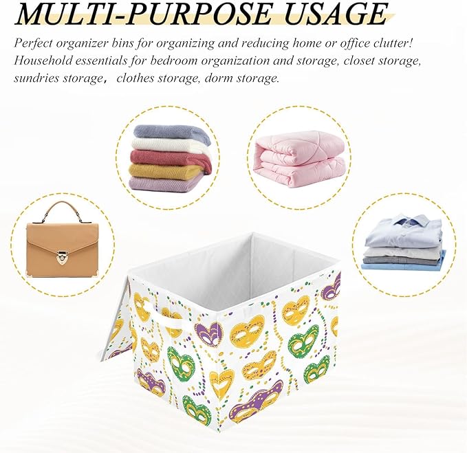 Mardi Gras Mask Fabric Storage Bins with Lids and HandleFoldable Storage Bins with LidsCloset Organizers for Clothes Storage Room Organization Office Storage Chest Organizer