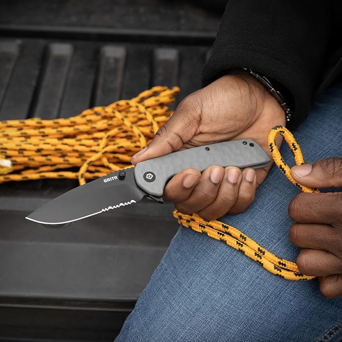 GRITR Stealth Folding Pocket Knife w/ 3.5 D2 Steel Blade for Military Hunting Camping Hiking – Gray Handle Partially-Serrated Blade with Black Titanium Finish