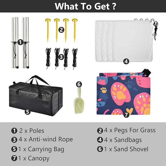 Footprint Cat Beach Canopy UPF50 Easy Setup Large Sun Shelter with Sandbags and Shovel for Camping Picnics Backyard