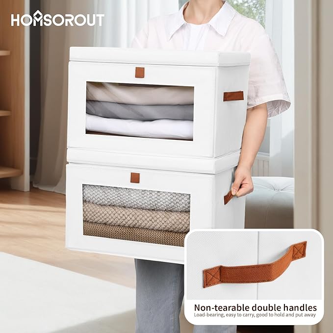 Homsorout Large Clothing Storage Bins - Collapsible Boxes with Handles &amp Window Decorative Organizer Bins with Lids Fabric Containers for Living Room Dorm 4 Pack White
