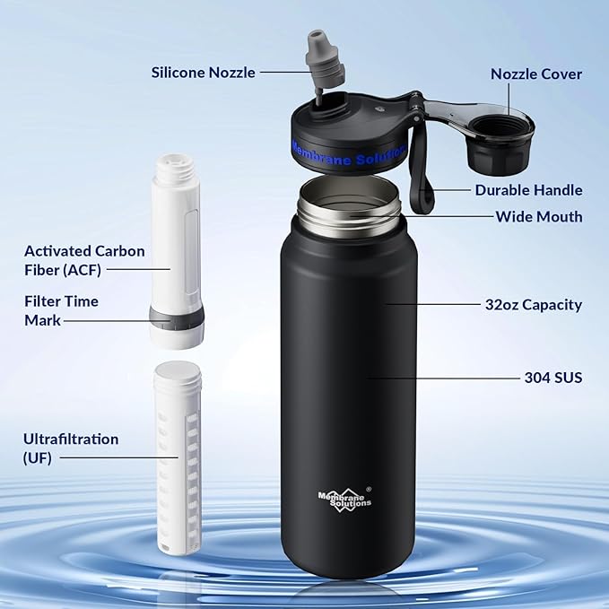 Membrane Solutions C3 Filtered Water Bottle 32oz Stainless Steel Water Bottle with Replaceable UF+ACF Filter Cartridge Portable Water Filter Travel Hiking &amp Camping for Drinking Water