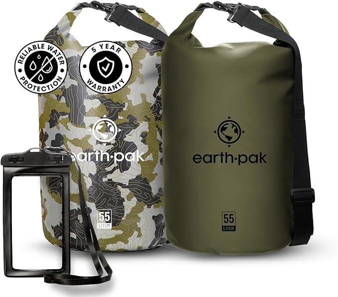 Earth Pak Waterproof Dry Bag - Roll Top Waterproof Backpack Sack (Camo 55L &amp Forest Green 55L)