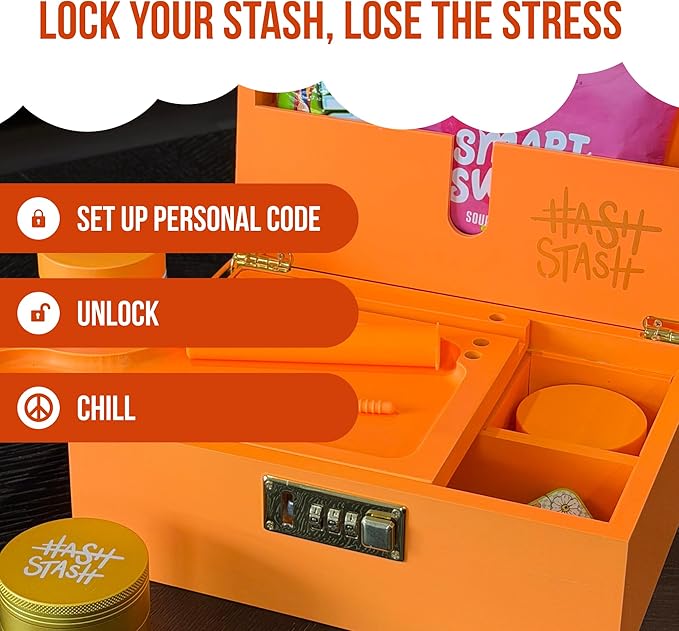 HASHSTASH The OG Storage Box - Large Bamboo Box with Combination Lock Magnetic Lid Organizer Tray Airtight Tube and 3 Jars - Discreet Decorative Locking Wooden Box with Accessories (Neon Orange)