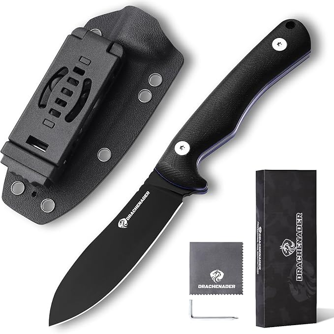 DRACHENADER SHADOW 8.11 Fixed Blade Hunting Knife D2 Steel Blade Survival Knife with Kydex Sheath Horizontal Carry for Men Outdoor Skinning and Camping (Black)