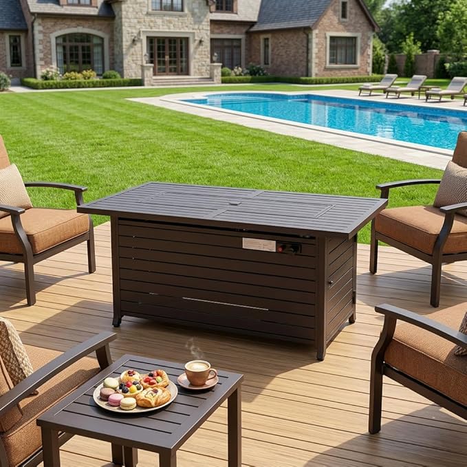 LEGACY HEATING 57 inch Gas Fire Pit Table Outdoor Propane Fire Pit Table 50000BTU Fire Table with Lid Retangular Bronze Firepit Table for Garden Courtyard Deck Poolside Party