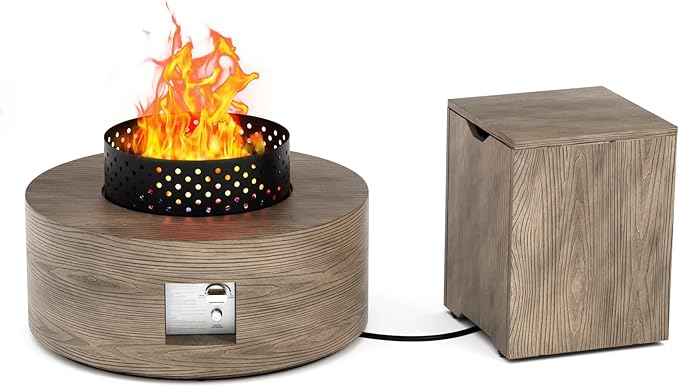 2-Piece 30 Round Propane Fire Pit for Outside Patio with Hidden Tank Table 50000 BTU Fireplaces with Wind Guard Lid Glass Rocks Cover(Wood Grain Walnut)