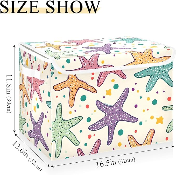 Star Fish Cartoon Storage Cube Bins Basket with Lid Collapsible Flip-top Fabric with Handle for Home Bedroom Closet Office 16.5×12.6×11.8 in
