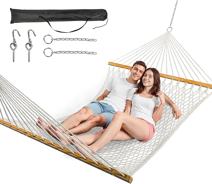 Double Hammock for 2 Person Handwoven Rope Hammock with Spreader Bar Without Stand - Indoor &amp Outdoor Use for Patio Poolside Backyard (White)