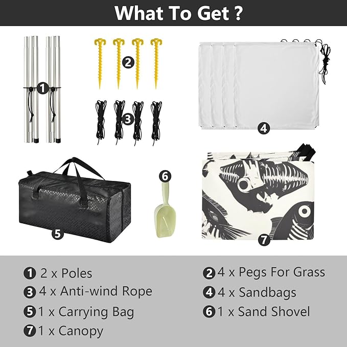 Dead Fish Skeletons Foldable Beach Canopy UPF50+ Waterproof Shade Sun Shelter with Sandbags &amp Sand Shovel for Camping Picnics Backyard &amp Fishing