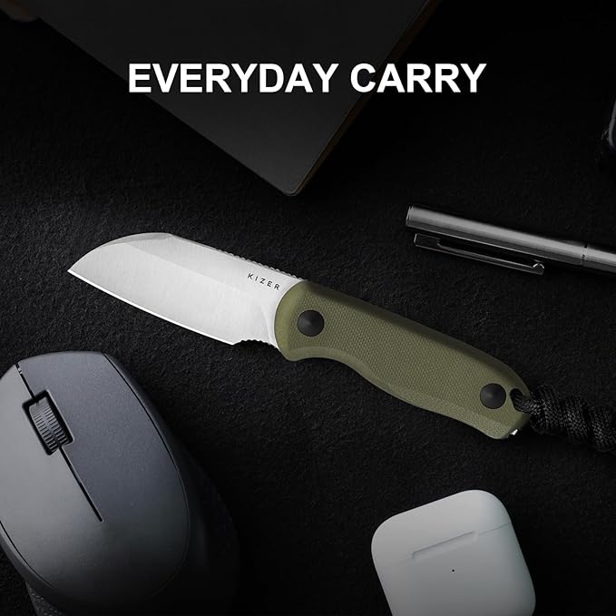 Kizer Drop Bear Fixed Blade Knife 2.6 AEB-L Satin Blade EDC Camping Knife with Olive Green G10 Handle &amp Hidden Tools Outdoor Full Tang Hunting Survival Knives with Adjustable Kydex Sheath 1093A