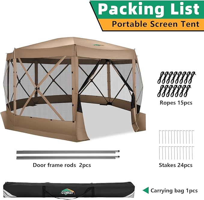 COBIZI 15x15FT Pop Up Gazebo Screen Tent Screen House for Camping Screen Room with Mosquito Netting Hub Tent Instant Screened Canopy with Carrying Bag and Ground Stakes Khaki(Upgraded)