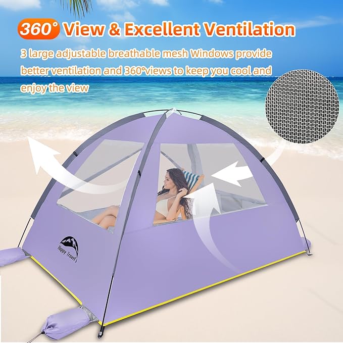 Happy Travel Beach Tent UPF 50+ UV Protection Sun Shade Shelter for 3/4/5/6/7/8 Person Portable Beach Canopy for Family &amp Baby Lightweight &amp Easy Setup Beach Cabana with 3 Ventilation Mesh
