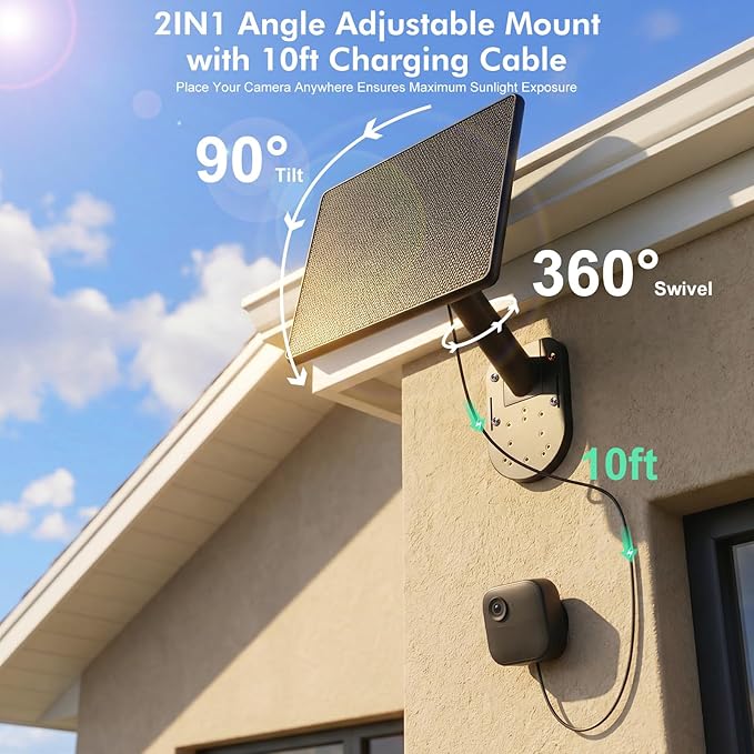 6W Solar Panel Charging Mount Compatible with Blink Outdoor 4 (4th Gen)/2k+/Outdoor XT3/XT2/XT 360° Swivel + 90° Tilt AdjustableIP67 Solar Charger Internal Battery Power Supply for Blink Cam