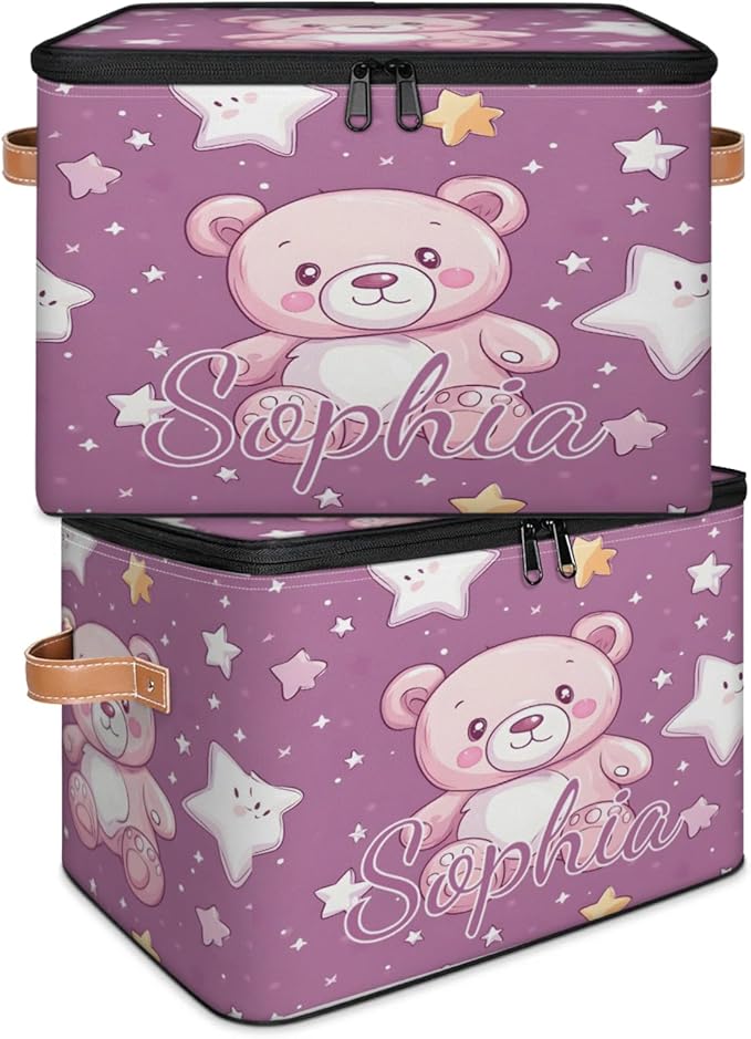 Custom Storage Basket with Name Personalized Storage Bins with Zipper Lid Foldable Fabric Storage Box Large capacity with Handle Star Pink Bear
