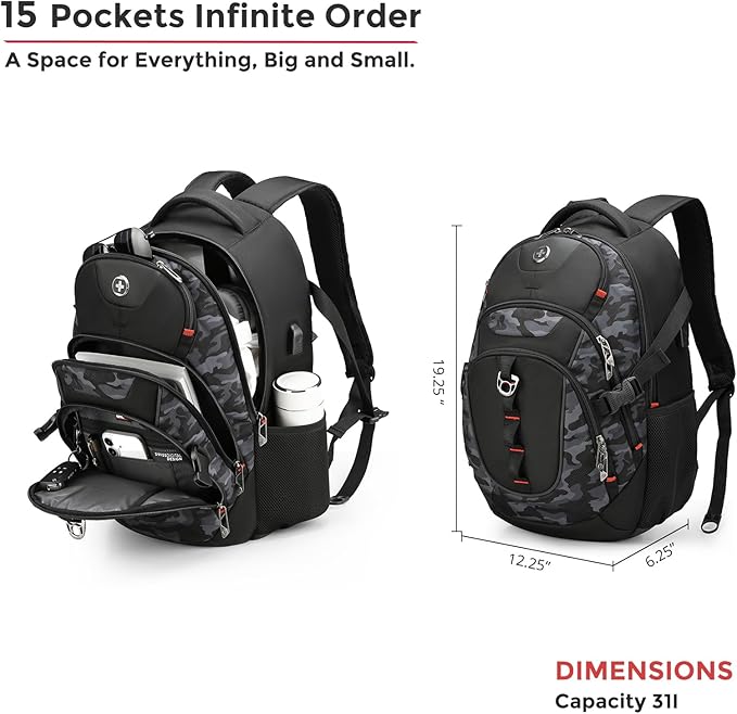 Swissdigital Design Laptop Backpack with USB Charging Port Travel Backpack Fits 15.6 inches Computer 31L College School Backpack for Men Gray Camo | SD803-91