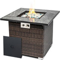 30'' Propane Fire Pit Table Marble Textured Ceramic Tabletop 50000 BTU Fire Table with Brown Wicker Mix Color Glass Rocks Including Lid&ampCover Square