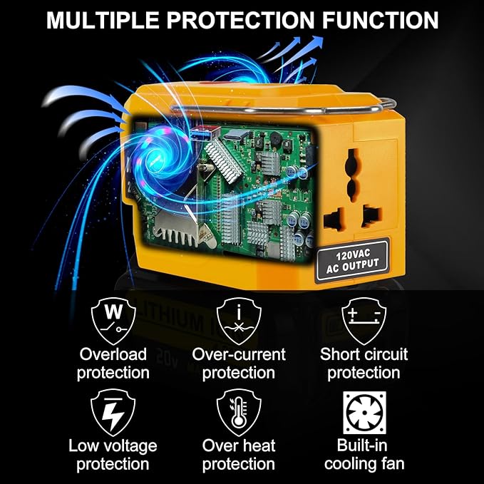 DC 20V to AC 110V Power Inverter Compatible with Dewalt 20V Max Battery 200W Portable Modified Sine Wave Power Inverter Converter with LED Light USB and Type-C Port(No Battery)