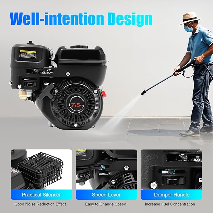 7.5HP 4-Stroke Engine 210CC Go Kart Engine 25° Inclined Single Cylinder 3600 RPM Horizontal Shaft Gas Engine 0.78 Inch Shaft Diameter with Float Carburetor 12.32 x 14.25 x 12.99 Inch
