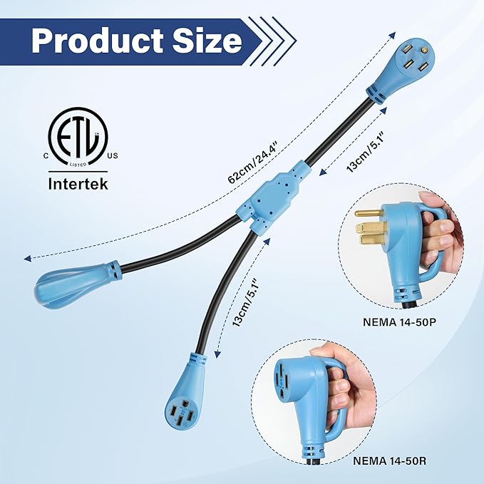 50 Amp Y Splitter Adapter Cord 3 Ft for RV EV Charging 4 Prong 250V NEMA 14-50P to (2) 14-50R for Power Extension Plug &amp Auto/EV/Tesla Model 3/S/X/Y Heavy-Duty 6/3+8/1 Gauge STW Outdoor ETL-Blu