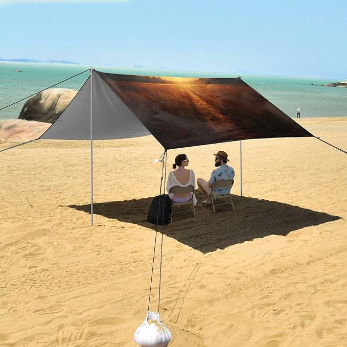 Dusk Landscape Beach Tent Sun Shelter Set UPF50+ UV Protection 10.5 x 9.19 FT Camping Shade Canopy with Sandbags Sand Anchors Carrying Bag and Others