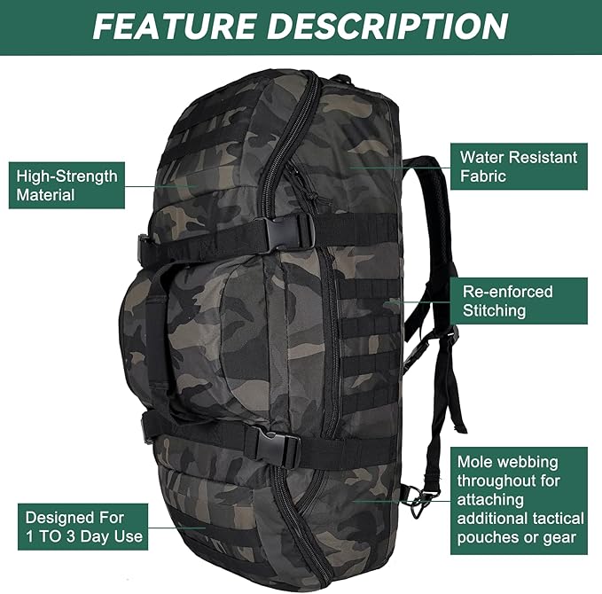 Hannibal Tactical 55L Large Duffle Bag 3-in-1 Tactical Backpack MOLLE Pack for Gym Sports Outdoor Black Camo
