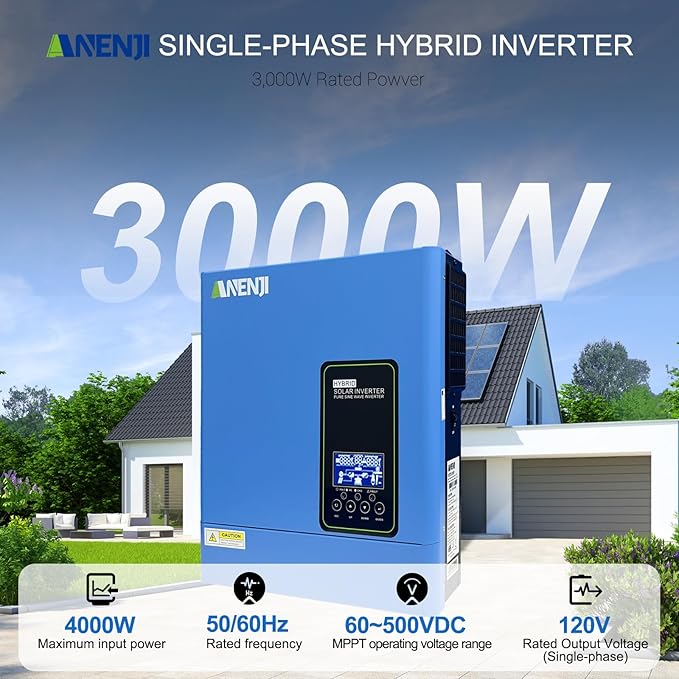 3000W Hybrid Inverter 24Vdc to 110Vac Solar Inverter Charger Built-in 80A MPPT Controller Pure Sine Wave PV Power Converter Supports Battery-Less or AGM Lithium Battery