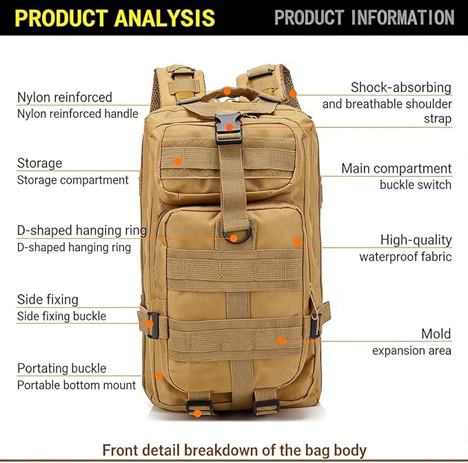 LINGYUE Waterproof Tactical Bagpack 25L Outdoor Hiking Backpack For Outdoor Camping Hunting Travel Trekking(G)