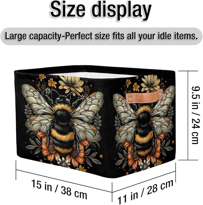 Pardick Basket Storage Bins Animal Bee Black Rectangle Cube Basket Box Kids Girls Boys Toys Organizer Beaket Decor Foldable with Handle for Living Room Bedroom Closet Nursery Office Shelf Gifts