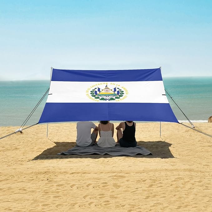 El Salvador Flag Beach Cabana UPF50+ Protection Water-Resistant Shade Sun Shelter with Sturdy Poles Sandbags and Shovel for Family Trips Picnics &amp Camping