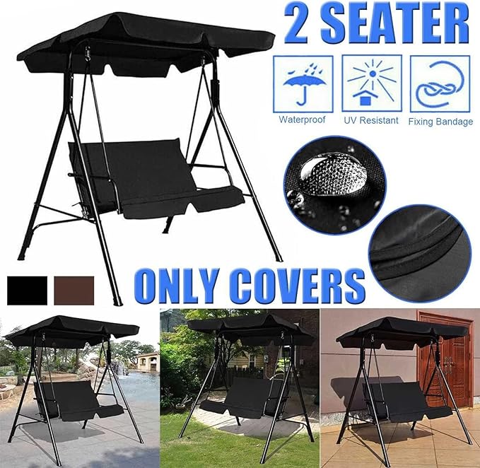 Outdoor Swing Canopy Replacement Cover Waterproof Oxford Cloth Swing Chair Cover Set for 2/3 Seater Swing Ideal for Porch Patio Garden Beige 195x125x15cm