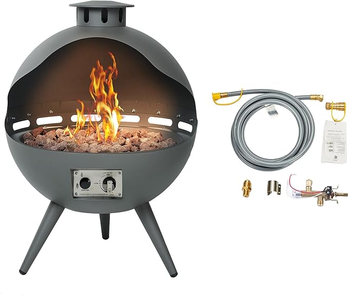 24-Inch Chimenea Propane Fire Pit with Natural Gas Conversion Kit 55000 BTU Gas Fire Pit Hemispherical 3-Legged Firepit with Lava Rocks and Rain Cover Gray