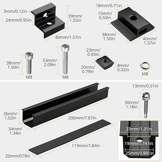 Anbte 6Pcs Solar Panel Mounting Brackets Aluminium 7.87 Solar Panel Mounting Rail &amp 30mm/35mm End Clamp &amp Mid Clamp Solar Panel Mounting Kit for Metal Roof Tin Roof Flat Roof Sheet Roof