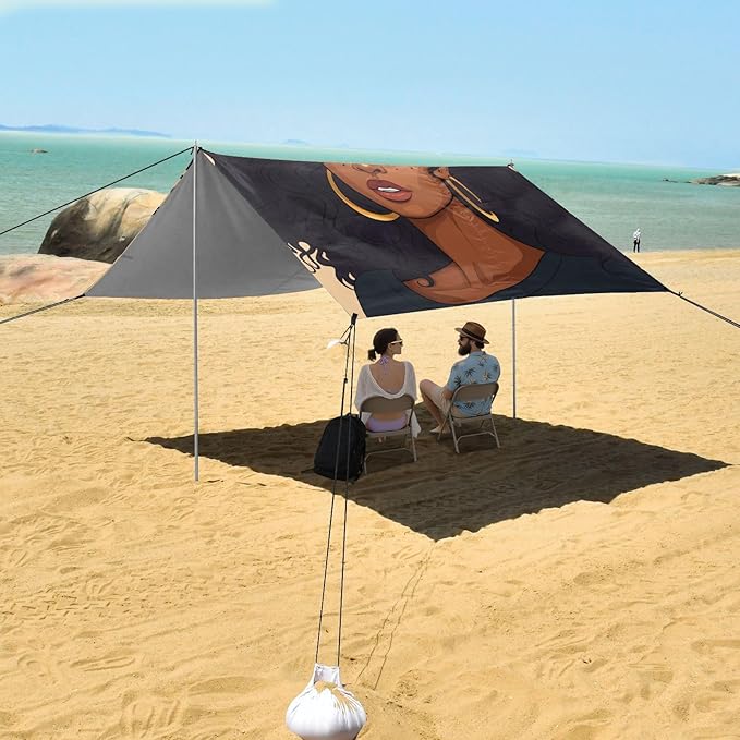 ALAZA Black Woman with Curly Hair Beach Tent Sun Shelter Portable Canopy Sunshade for Outdoor Camping Picnics Backyard Fun 10x9 ft