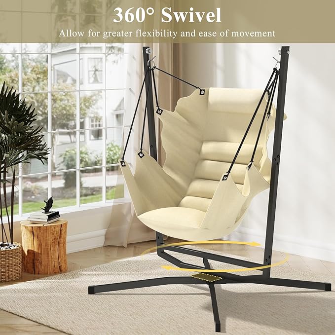 360° Swivel Hammock Swing Chair with Stand - Comfortable Hanging Chair with Cushions (400 lbs Capacity) for Indoor/Outdoor Use - Perfect for Bedroom Patio Porch Deck Garden Balcony