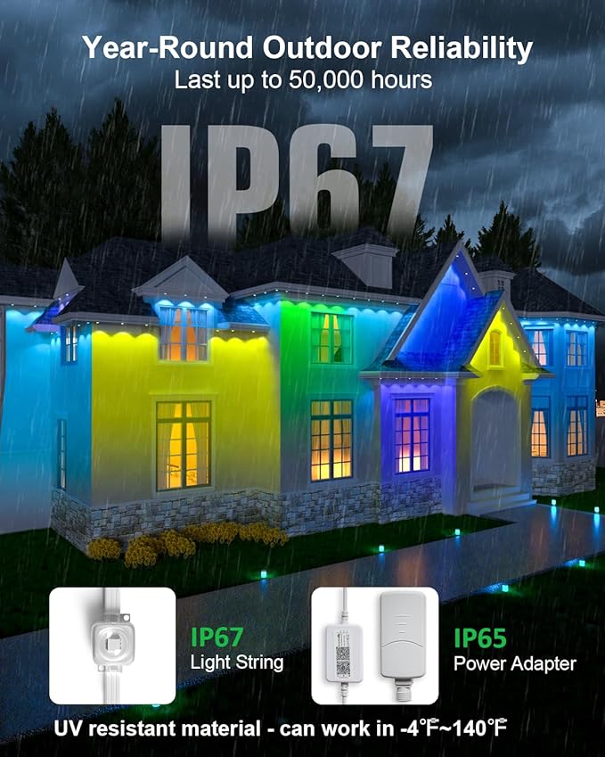 Permanent Outdoor Light Pro 50ft with 36 RGB+IC LED Lights 90 Scene Modes AI Light Design IP67 Waterproof for Halloween Christmas Decor and Daily Lighting Work with Alexa Google
