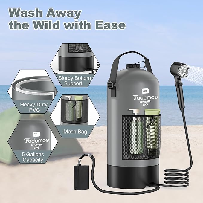 Portable Camping Shower with Battery Powered Pump 5 Gal/20L Solar Heated Camp Shower Bag 3-Mode Shower Head &amp Travel Case for Outdoor Camping Beach Rinse &amp Dogs