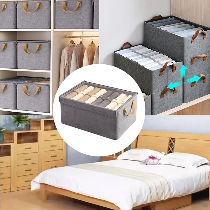4PCS Foldable Storage Box with Lid - Extra Large Fabric Closet Organizer for Clothes 18.5x11x7.9 Inch Canvas Bin Collapsible Design for Bedroom Shelf Closet Underbed (Grey)