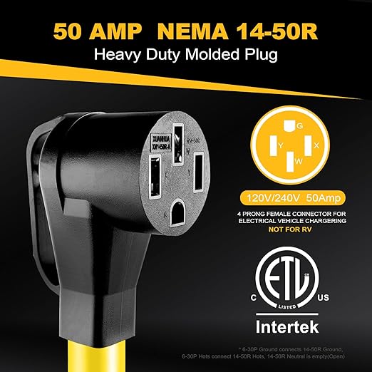 NEMA 6-30P to 14-50R EV Charger Adapter Cord 240V 30 Amp 3 Prong Male Welder Plug to 50 Amp 4 Prong Female Receptacle Power Adapter for EV/Tesla use only ETL Listed 1FT
