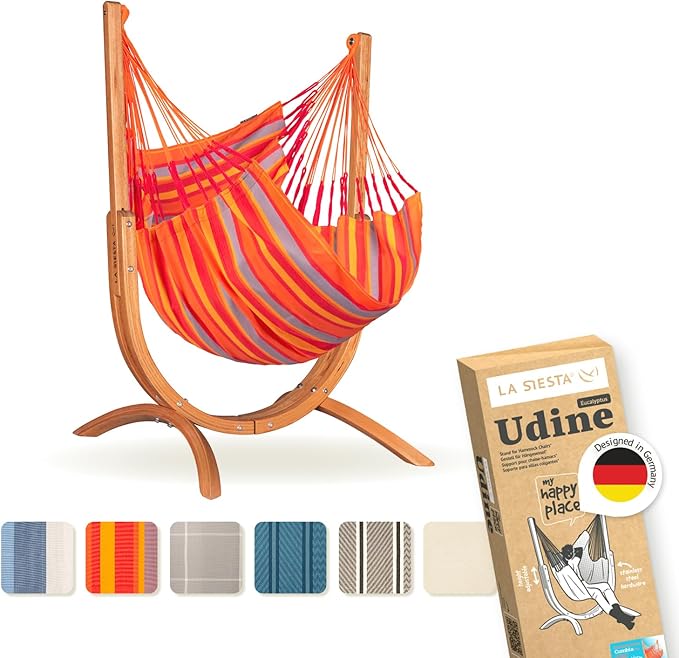 LA SIESTA® - Udine Weather Resistant Hammock Chair with Wooden Stand - Handmade Tear-Resistant Hammock Chair for Outdoor Relaxation - FSC Certified Eucalyptus Hammock w/Stand for Outside - Toucan