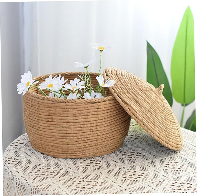 KOMBIUDA Handwoven Woven Storage Basket with Lid Small Decorative Rattan Container for Organizing Toys Pantry and Home Supplies Versatile Table Storage Solution