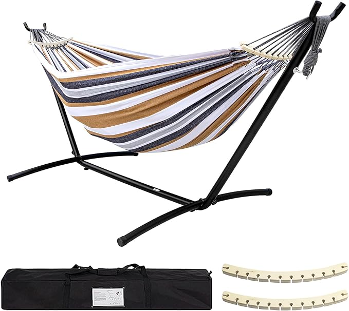 SZHLUX Double Hammock with Stand Included 450lb Capacity Steel Stand Premium Carry Bag Included and Two Anti Roll Balance Beam Portable Hammock with Stand for Backyard CampingGarden Brown Stripes