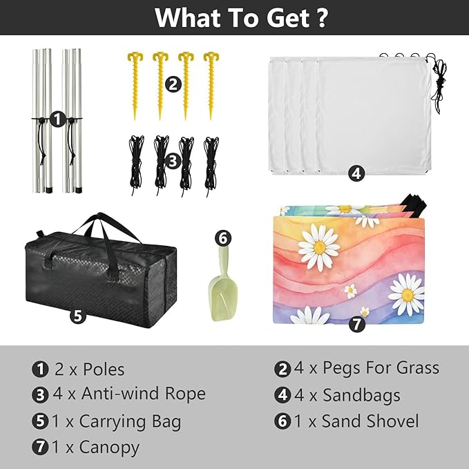 xigua Daisy Beach Tent Sun Shelter with Carrying Bag - Silver Coated Oxford Fabric Beach Canopy for Beach Camping Fishing - Includes Windproof Ropes Sandbags &amp Stakes