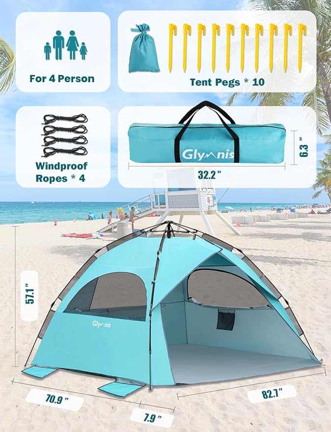 Glymnis Pop Up Beach Tent Sun Shade Shelter for 4 Person Portable Automatic Hydraulic Beach Tent with UPF 50+ Lightweight &amp Vent Windows Easy Setup for Family Picnic