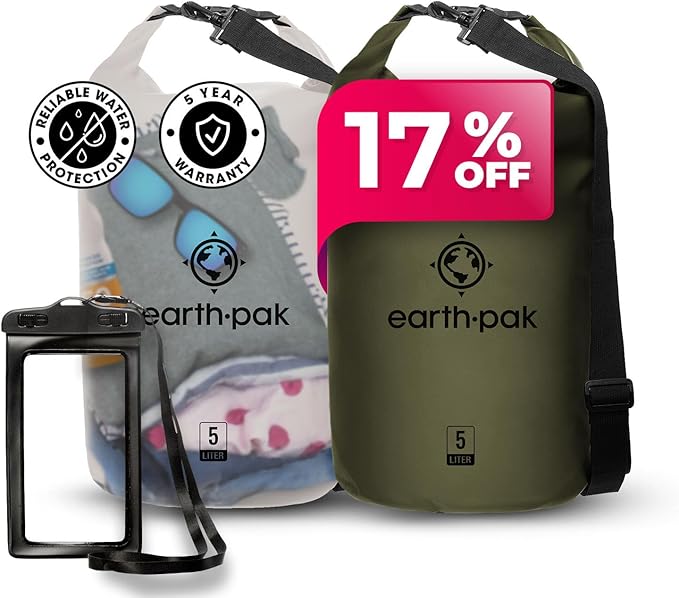 Earth Pak Waterproof Dry Bag - Roll Top Waterproof Backpack Clear 5L &amp Forest Green 5L