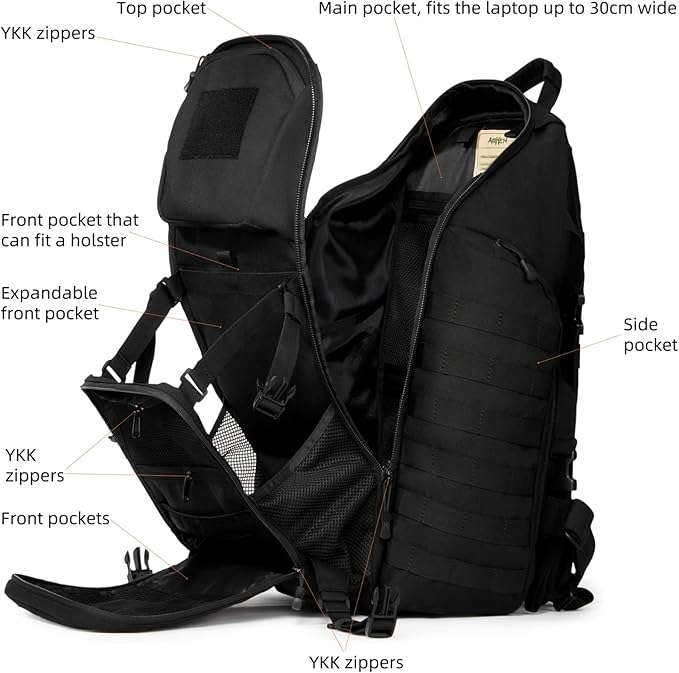 AMHEH 52L 1050D Tactical Backpack - 72 Hour Emergency Get Home Bug Out Bag with 17 Laptop and Helmet Pocket Heavy Duty Work Black