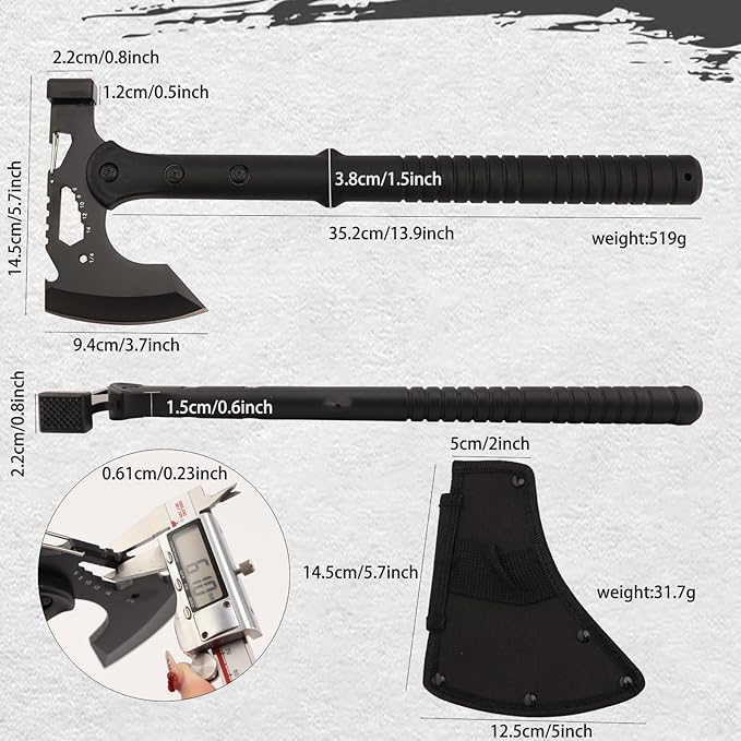 Tactical HatchetBlack Stainless Steel Camping Hatchet Axe with Nylon SheathBlack Tomahawk with Bottle OpenerHex WrenchesTactical Tomahawk Axe Hammer for Outdoor Splitting WoodHunting Survival