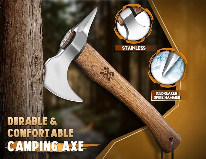 Grumpy Bear 15 Survival Axe Camping Hatchet – Forged High Carbon Steel Blade with Walnut Wood Handle – Anti-Slip Grip – Ideal for Bushcraft Wood Splitting &amp Outdoor Adventures Silver Wood