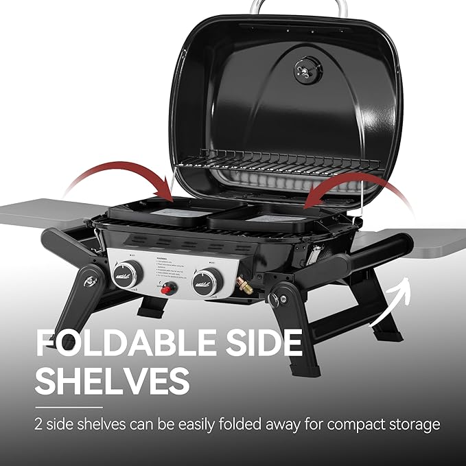 Royal Gourmet GT2005 2 Burner Portable Propane Gas Grill with Foldable Side Tables &amp Foldable Support Legs Tabletop Gas Grill with Warming Rack for Outdoor Cooking &amp Grilling Black